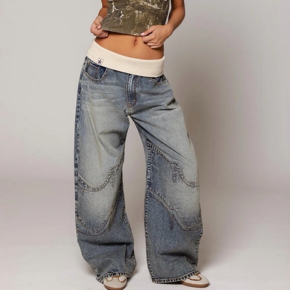 REVICE Pants - REVICE Wide Leg Denim Pants with Cream Waistband